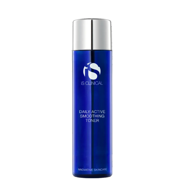 IS Clinical Daily Active Smoothing Toner in a tall, cylindrical royal blue bottle with a reflective silver cap, centered on a plain white background.