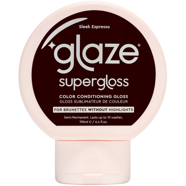 Superglaze hair gloss container with brown label on a white background