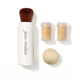 Makeup brush set with three small containers of powder on a white background, featuring the brand 'jane iredale'.