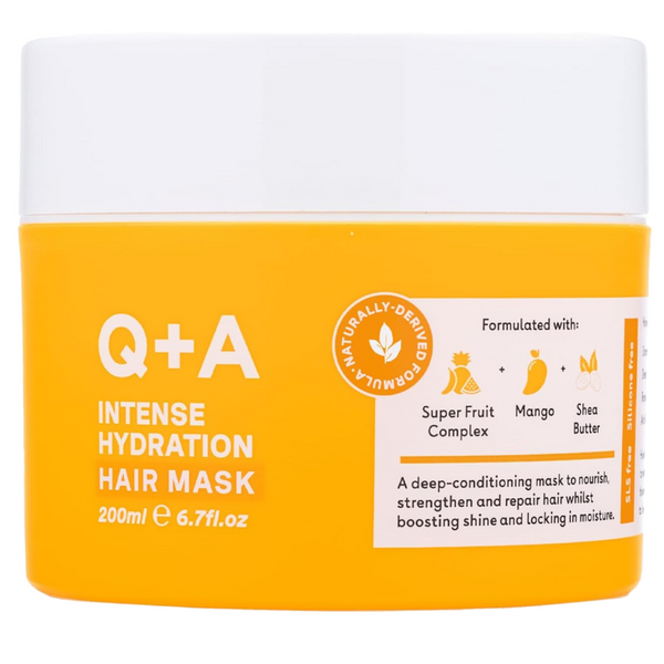 Q+A Intense Hydration Hair Mask jar with yellow body and white lid on a white background