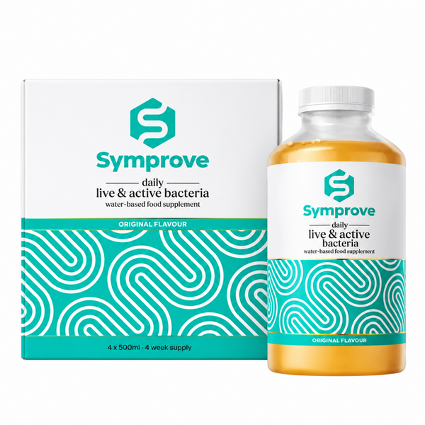 Symprove daily live & active bacteria water-based food supplement shown as a white and teal box alongside a clear bottle filled with golden-yellow powder, on a white background.