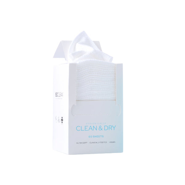 Pack of white wipes with 'Clean & Dry' text on a white background
