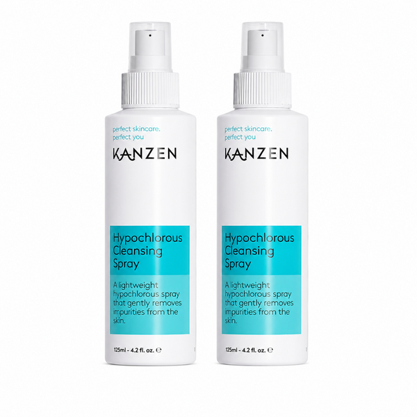 Two white Kanzen Hypochlorous Cleansing Spray bottles side by side on a plain white background.
