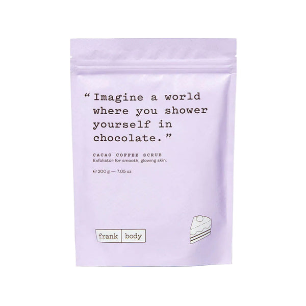 Purple packaging of Cacao Coffee Scrub with text and 'frank body' branding on a white background