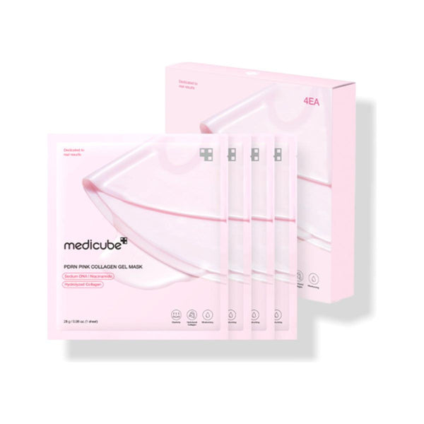 Box of Medicube pink collagen gel masks on a white background