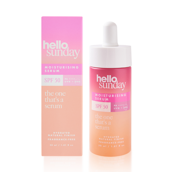 hello sunday moisturizing serum with packaging on a white background