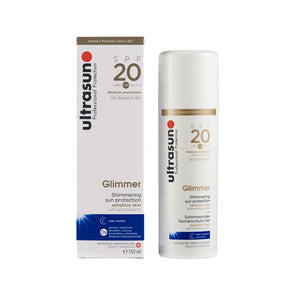 White Ultrasun Glimmer SPF 20 150ml bottle next to white box