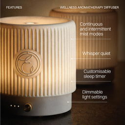 Wellness aromatherapy diffuser with features listed on a dark background