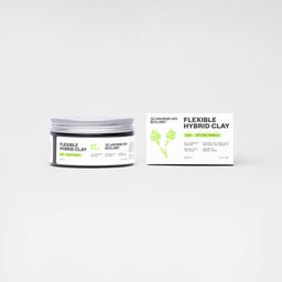 A jar of Scandinavian Bolabs Flexible Hybrid Clay next to its product box on a clean white background.