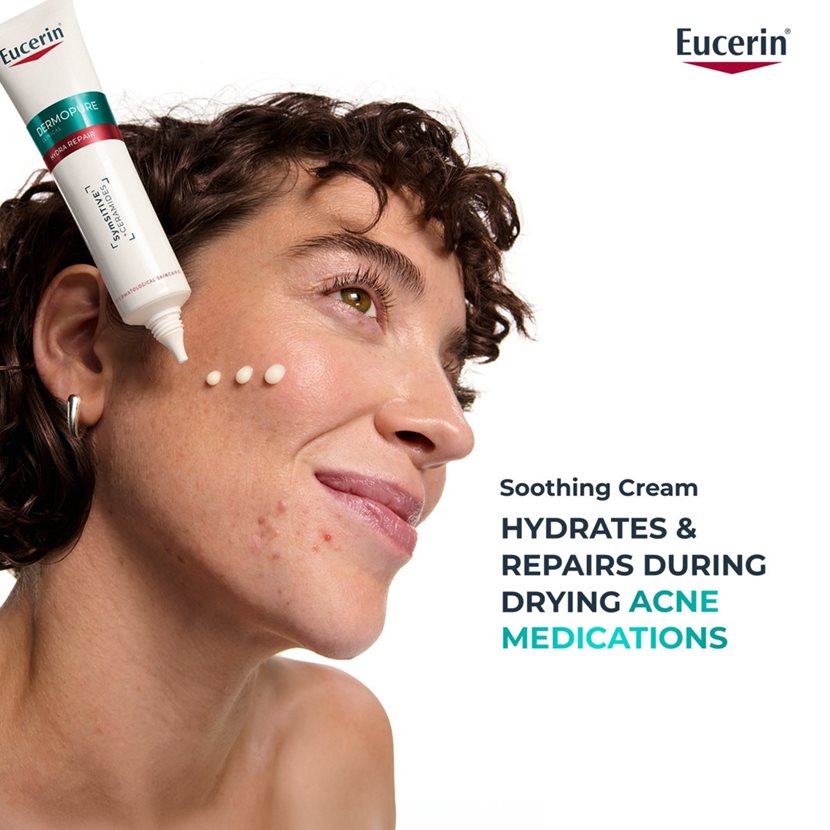 Eucerin soothing cream being applied to a person's face with product packaging visible.