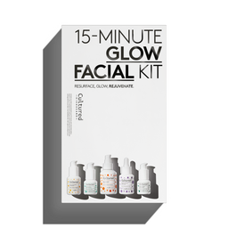 Cultured Skincare 15-Minute Glow Facial Kit in a white box with black text and a vertical illustration of five skincare dropper bottles on the right, shown on a white background with a gray shadow.