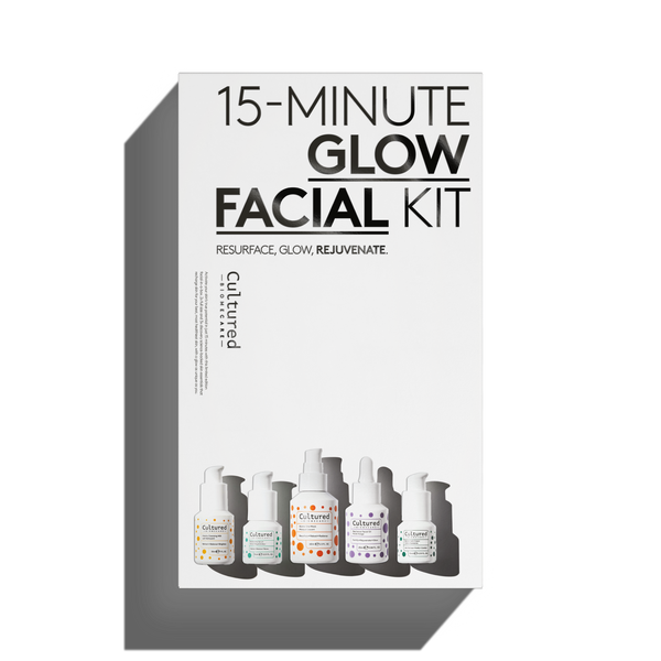 Cultured Skincare 15-Minute Glow Facial Kit in a white box with black text and a vertical illustration of five skincare dropper bottles on the right, shown on a white background with a gray shadow.