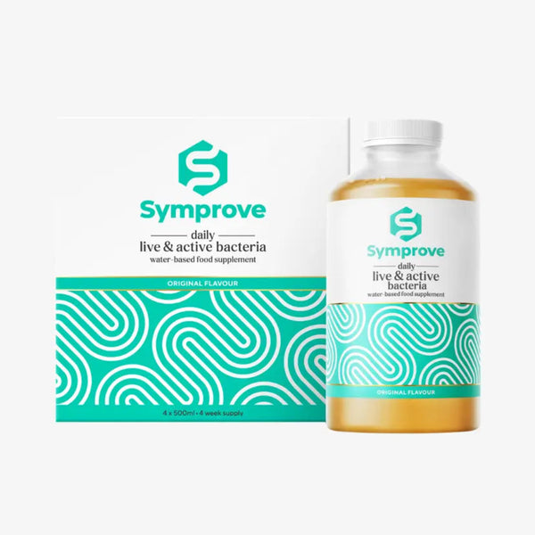 Symprove daily live & active bacteria supplement bottle and packaging on a white background
