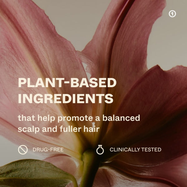 Floral background with text about plant-based ingredients for scalp and hair health.