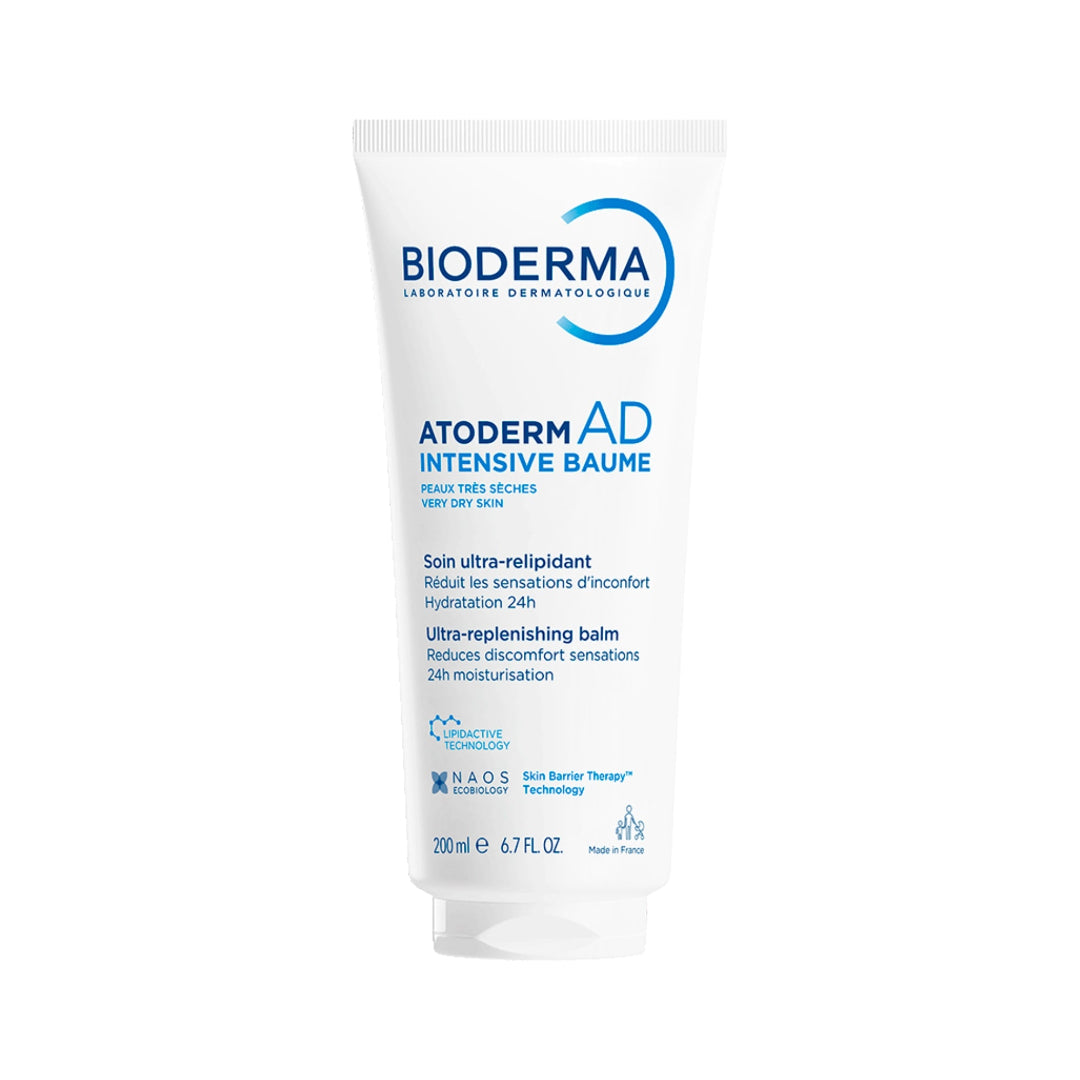 Bioderma Atoderm AD Intensive Baume 200ml white squeeze tube with blue text and logo, centered on a white background.