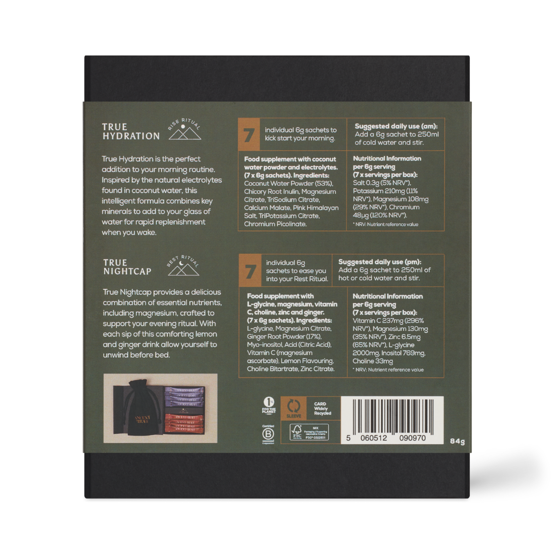 The back of a True Nightcap coconut water bottle packaging, showing product details, ingredients, usage instructions, and a barcode on a dark olive green background.