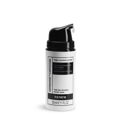 Skincare bottle with black cap and white label on a white background