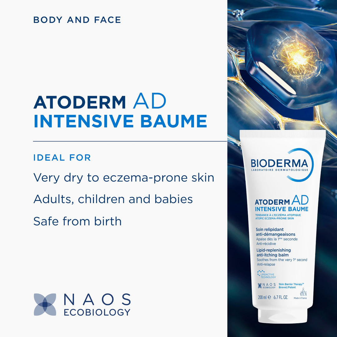 Promotional graphic for Bioderma Atoderm AD Intensive Baume, showing the white squeeze tube on the right against a dark blue abstract background, with text on the left describing use for dry to eczema-prone skin and the Naos Ecobiology logo at the bottom.