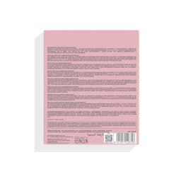 The back of a pink rectangular product box with dense multilingual text, a barcode, and a small circular logo near the bottom, shown on a white background with a soft shadow.