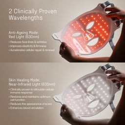 LED face mask with red and near-infrared light on a neutral background