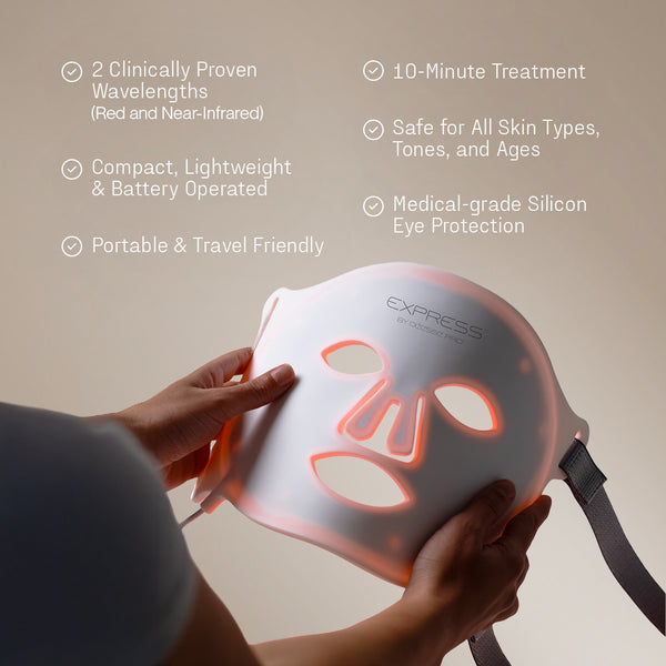 LED face mask held by a person with features listed on a beige background