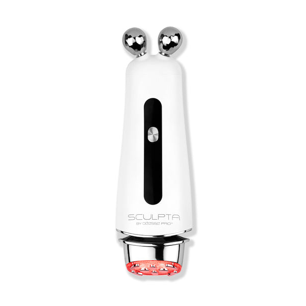 White handheld device with silver knobs and red light on a white background