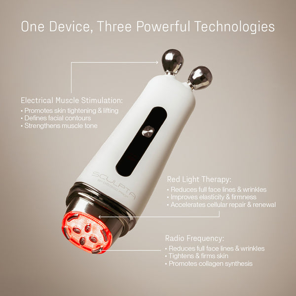 Skincare device with red light therapy feature on a beige background