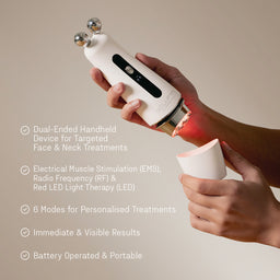 Handheld device for targeted face and neck treatments held by a person with text describing its features.