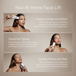 Product advertisement for an at-home face lift device with text describing its functions.