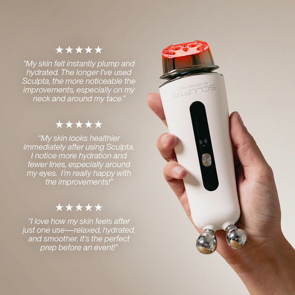 Hand holding a white skin care device with red top, surrounded by customer testimonials on a beige background.