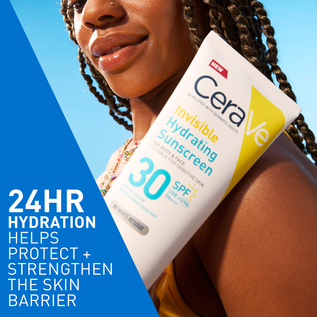 CeraVe sunscreen bottle held by a person with promotional text on a blue background