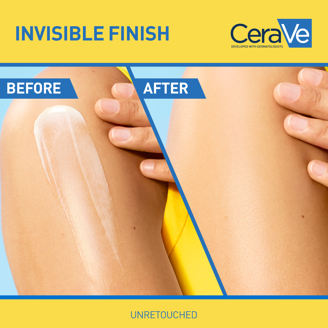 Before and after comparison of CeraVe product application on skin with visible finish enhancement.