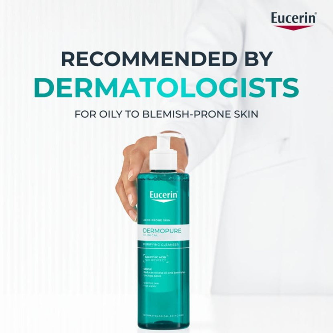 Eucerin Dermopure product with text 'Recommended by Dermatologists' on a white background