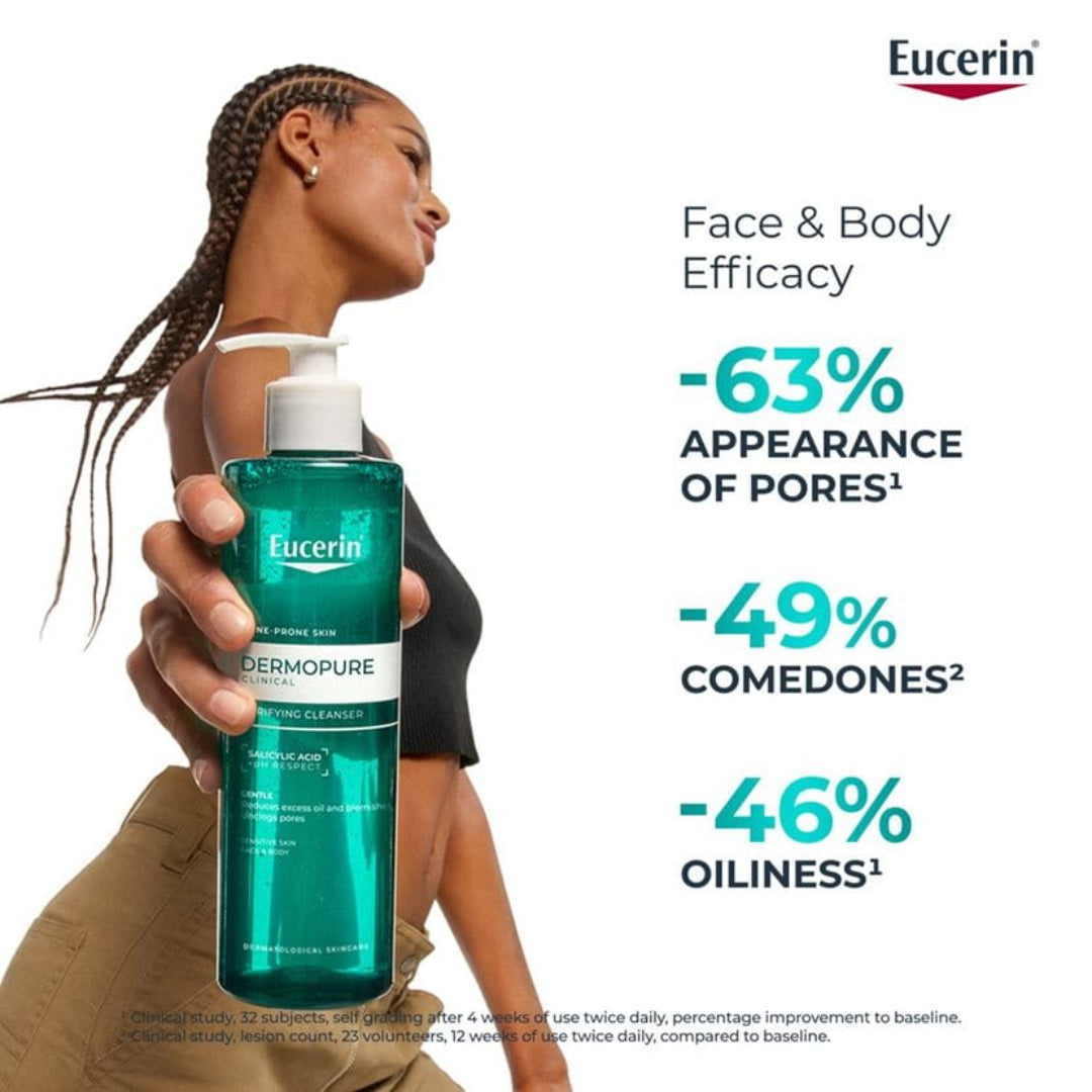 Eucerin Dermopure bottle held by a person with product efficacy stats on a white background