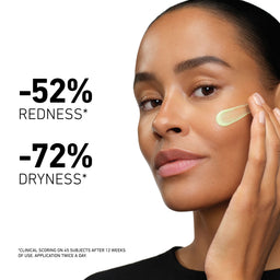 Woman applying cream to her face with skincare benefits displayed on a white background