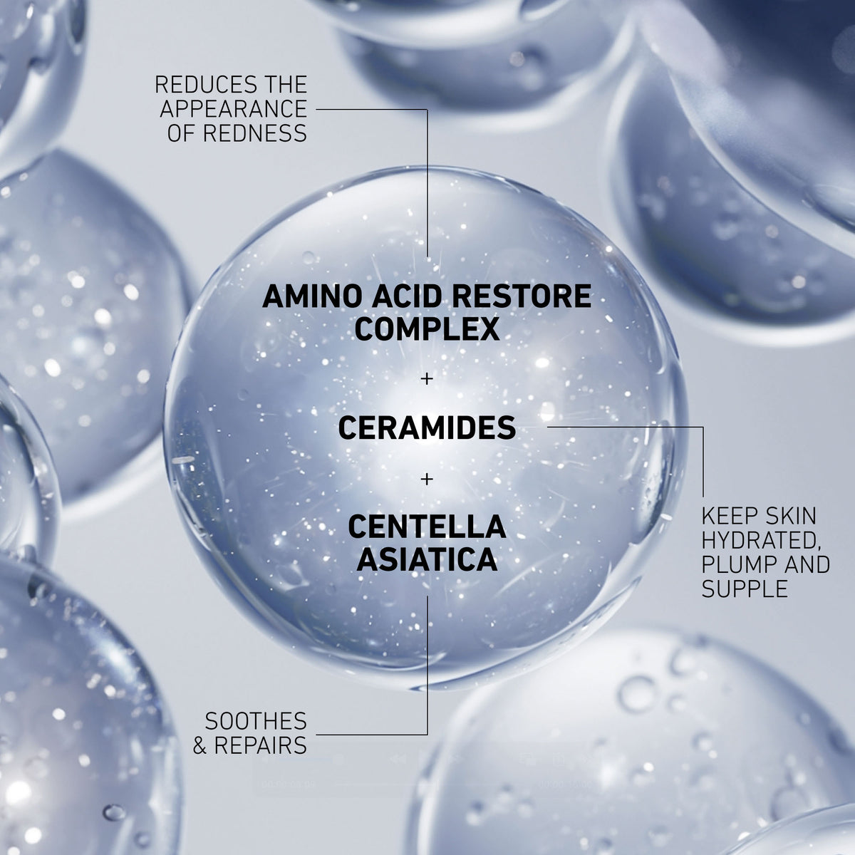 Close-up of clear gel droplets with text highlighting ingredients and benefits on a light gray background.