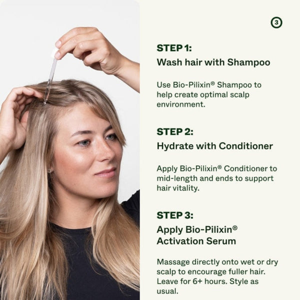 Woman applying Bio-Pilixin hair care product with step-by-step instructions on a light gray background