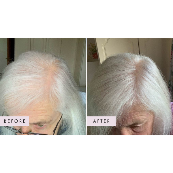 Before and after comparison of hair color on a person with white hair.
