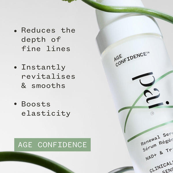 Skincare serum bottle with text highlighting its benefits on a light background