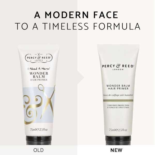 A comparison graphic showing two Percy Reed London Wonder Balm Hair Primer tubes side by side, labeled 'OLD' and 'NEW', with the headline 'A MODERN FACE TO A TIMELESS FORMULA' above on a light beige background.