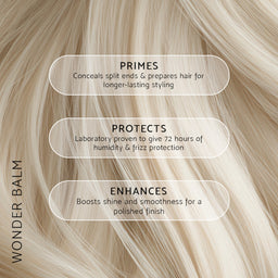 Blonde hair with text describing the features of a Wonder Balm product.