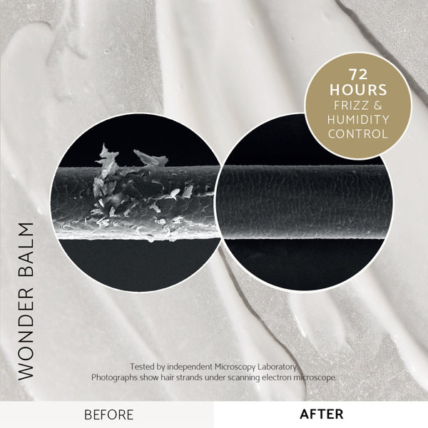 Promotional graphic for Wonder Balm hair product showing a before-and-after comparison under a scanning electron microscope. The left 'BEFORE' circle shows frayed, dry hair strands, while the right 'AFTER' circle shows a smooth, healed hair surface.