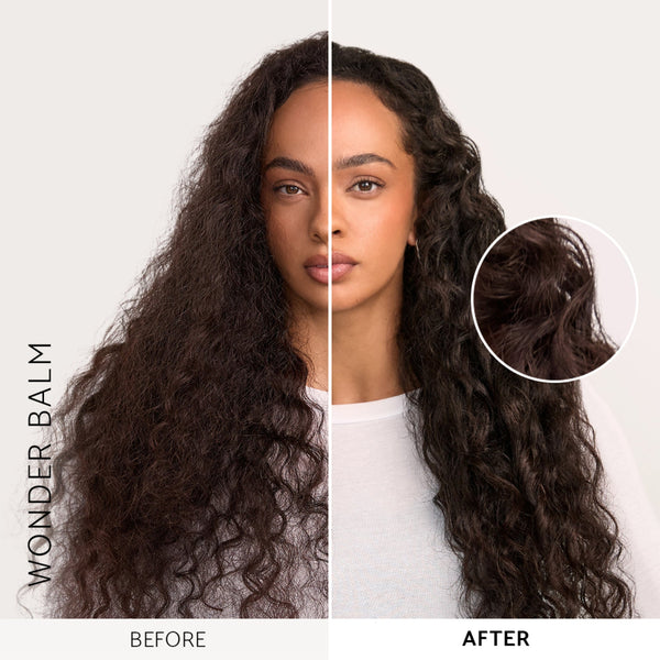 Before-and-after split-screen comparison of a woman with long, dark, curly hair, showing the effect of Wonder Balm. The left side is labeled 'BEFORE' and the right side is labeled 'AFTER', with a circular inset on the right showing a close-up of the hair texture.
