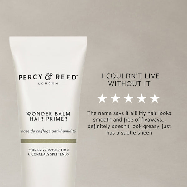 A white tube of Percy & Reed London Wonder Balm Hair Primer on a warm taupe background, alongside a customer review in French and English with five stars.