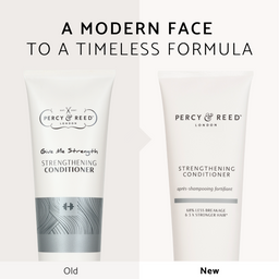 A comparison graphic showing two white tubes of Percy & Reed Strengthening Conditioner, labeled 'Old' and 'New' under the headline 'A MODERN FACE TO A TIMELESS FORMULA.' The left tube has a black script logo and a gray patterned band near the bottom; the right tube has a cleaner black logo and no patterned band.