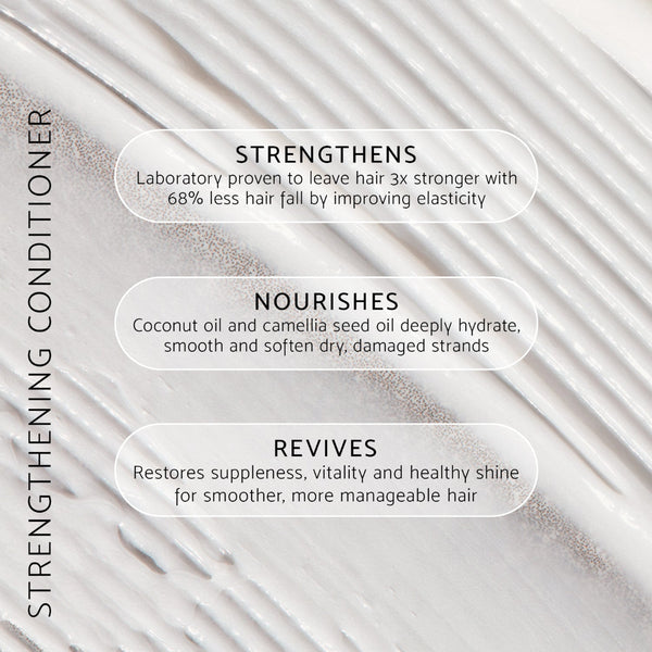 Promotional graphic for Strengthening Conditioner with three rounded text boxes detailing benefits: strengthens hair, nourishes with coconut and camellia seed oil, and revives for healthier hair, set against a close-up of white hair conditioner swirled on a light gray surface.