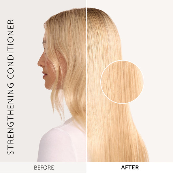 Before-and-after split comparison of a woman's blonde hair, showing wavy shoulder-length hair on the left and smooth, straight, strengthened hair on the right, with a circular close-up of the hair texture. Text reads 'STRENGTHENING CONDITIONER', 'BEFORE', and 'AFTER'.