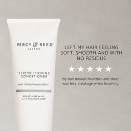 A white tube of Percy & Reed London Strengthening Conditioner on a light gray background, with black text describing benefits and five white stars.