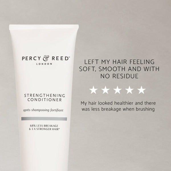 A white tube of Percy & Reed London Strengthening Conditioner on a light gray background, with black text describing benefits and five white stars.