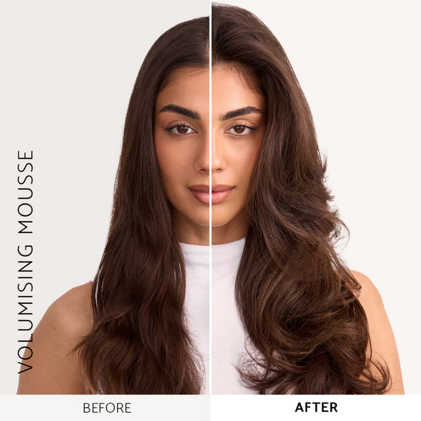 Before and after comparison of voluminous hair using volumising mousse.